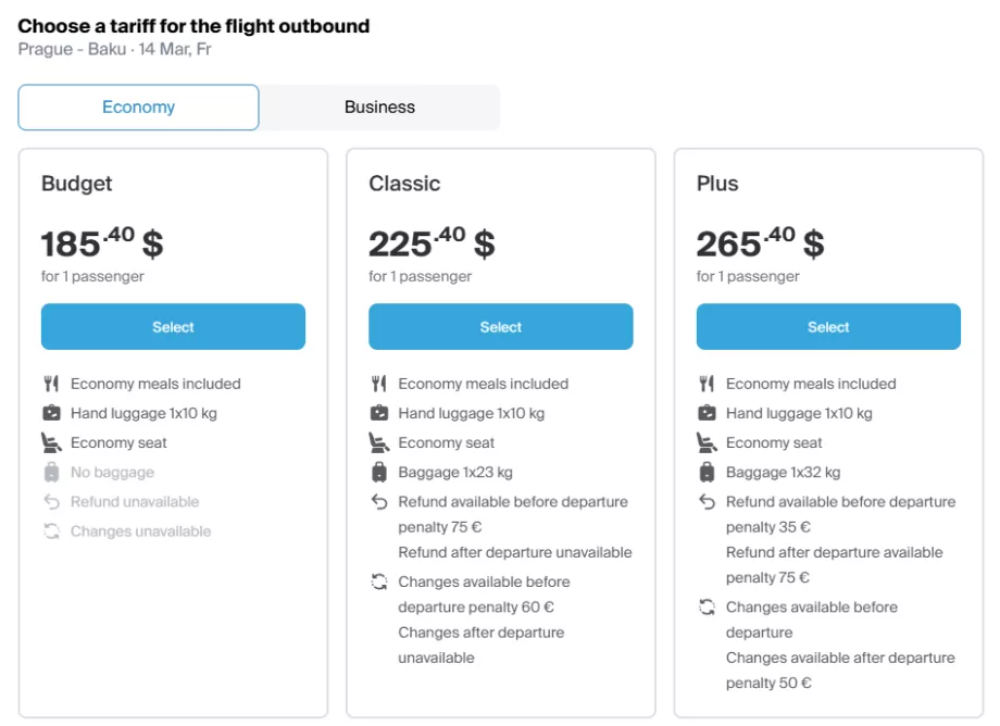 Classi tariffarie Azerbaijan Airlines
