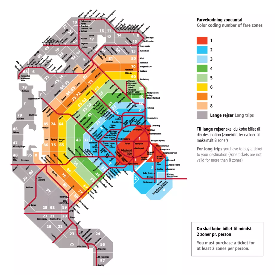 Mappa delle zone di trasporto pubblico a Copenaghen e dintorni