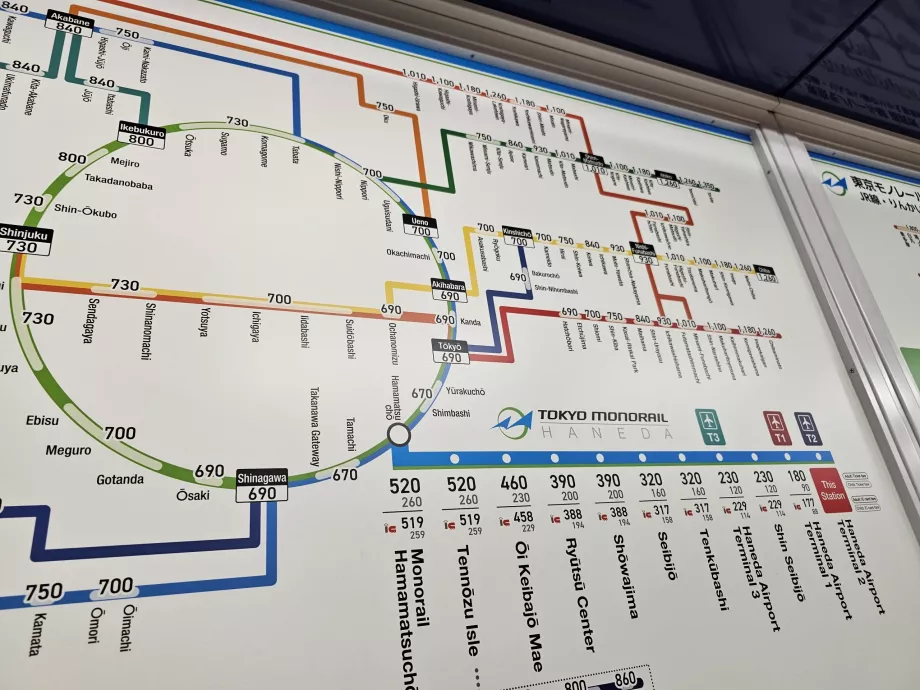 Mappa delle tariffe della monorotaia e dei treni JR