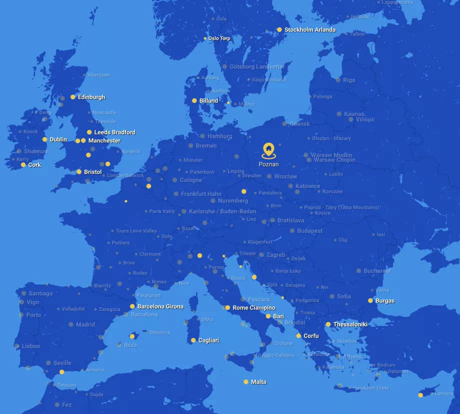 Mappa delle rotte di Ryanair dall'aeroporto di Poznan POZ